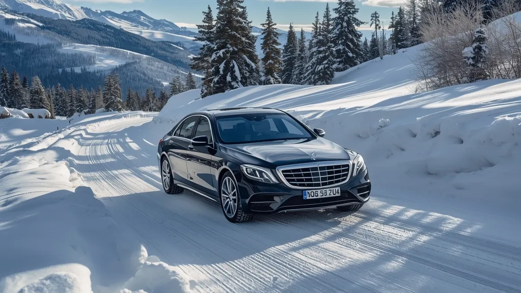 Mercedes S500 4MATIC navigating snowy mountain roads, demonstrating the effectiveness of the 4MATIC system.