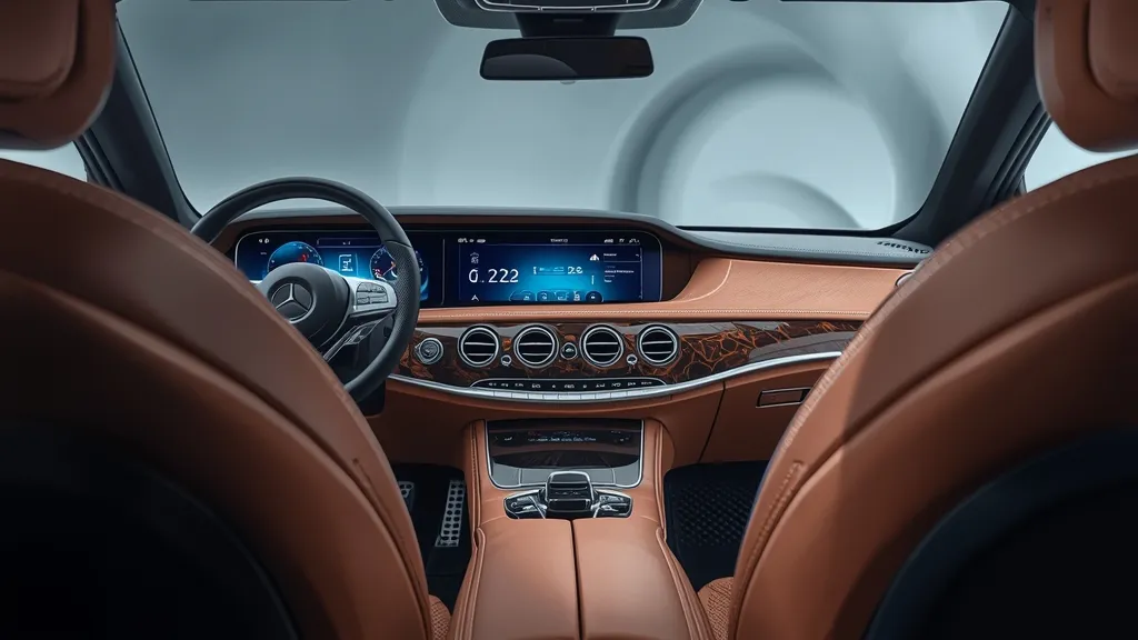 Luxurious S560 interior features with dual digital screens, premium brown leather, and subtle ambient lighting.