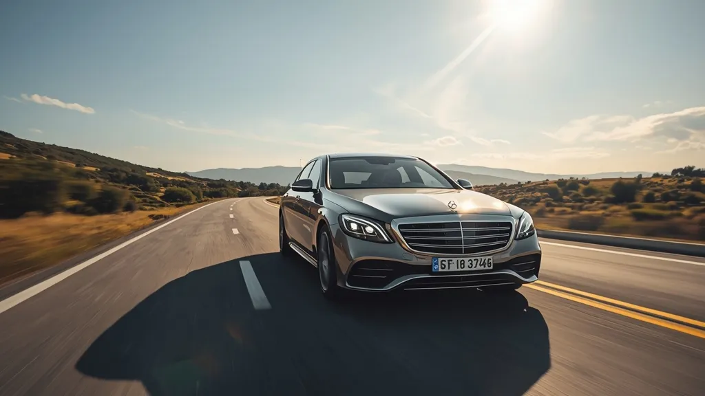 Mercedes S560 4MATIC smoothly cruising on a highway, showcasing AIRMATIC suspension S-Class comfort and stability.