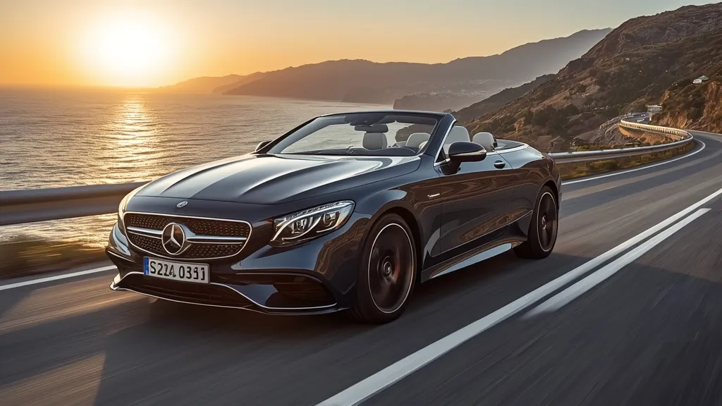 Elegant Mercedes S560 Coupe C217 driving on a scenic coastal road at sunset, showcasing its pillarless design.