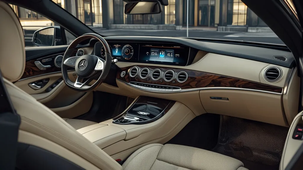 Luxurious Mercedes S-Class Coupe interior with Nappa leather, wood trim, and dual digital displays.