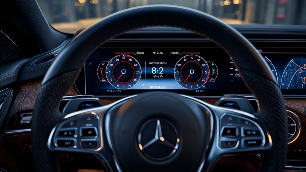 Luxurious interior of the 2024 Mercedes S580, highlighting the MBUX infotainment system and premium materials.