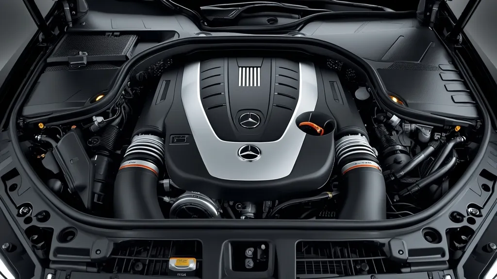 Close-up of the EQ Boost V8 engine in the 2024 Mercedes S580, showcasing advanced hybrid technology.