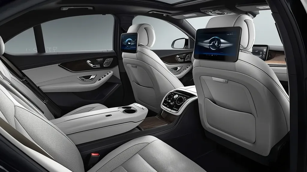 Rear passenger cabin of the 2024 S580 with Executive Rear Seat Package, emphasizing comfort and technology.