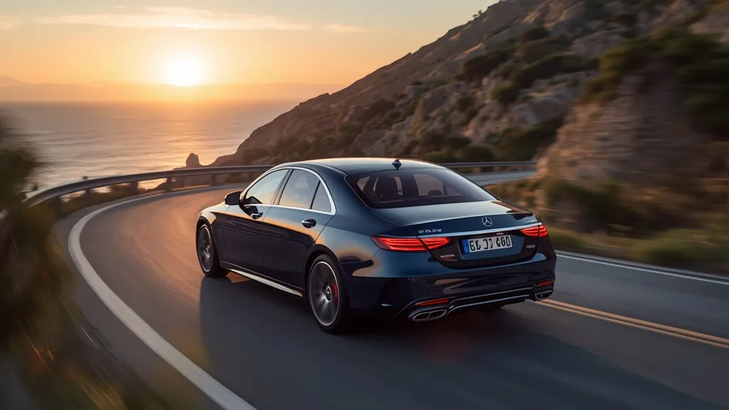 The 2024 Mercedes S580 navigating a winding coastal road, demonstrating its superior ride quality and handling.