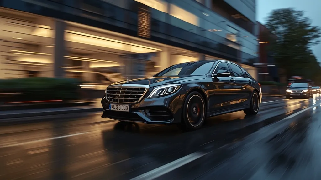 Mercedes S580 4MATIC cruising elegantly through a modern city, showcasing its refined exterior design.