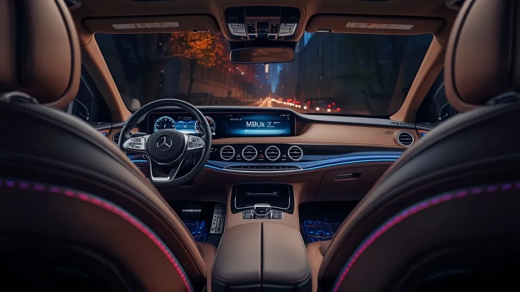 Luxurious interior of the Mercedes S580 4MATIC, featuring the MBUX touchscreen and premium leather.