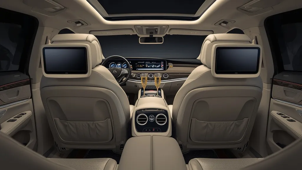 Luxurious rear cabin of a modern Mercedes-Maybach S680, emphasizing ultimate comfort and technology.