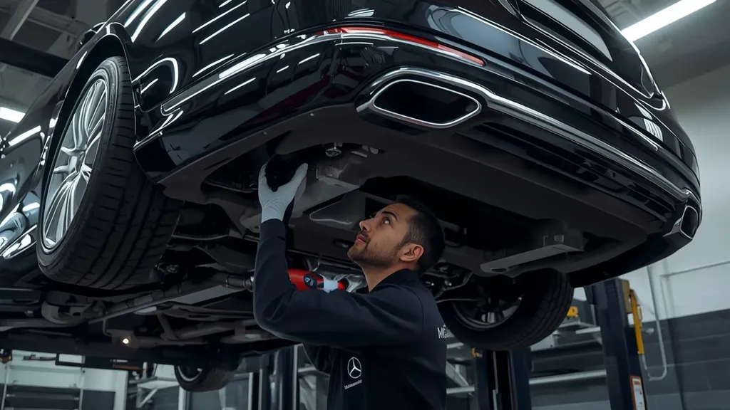 Used Mercedes S600 Luxury Sedan undergoing a pre-purchase inspection by a skilled mechanic, focusing on potential issues.