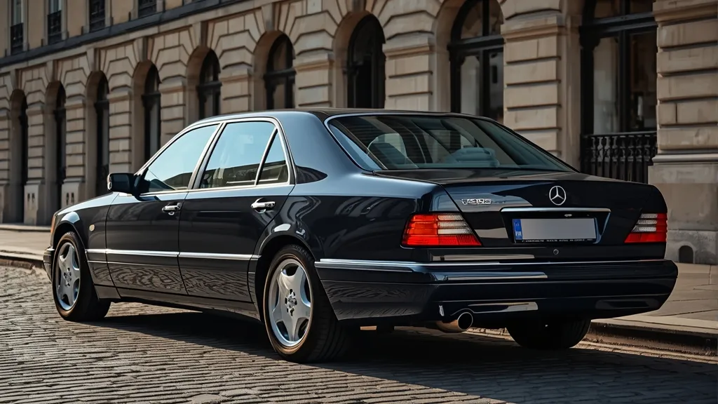 Imposing W140 Mercedes S600 V12 classic sedan, parked majestically, showcasing its timeless, solid design.