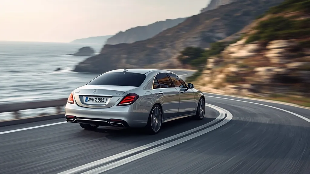 Sleek W220 Mercedes S600 V12 in motion, demonstrating Active Body Control (ABC) on a winding road.