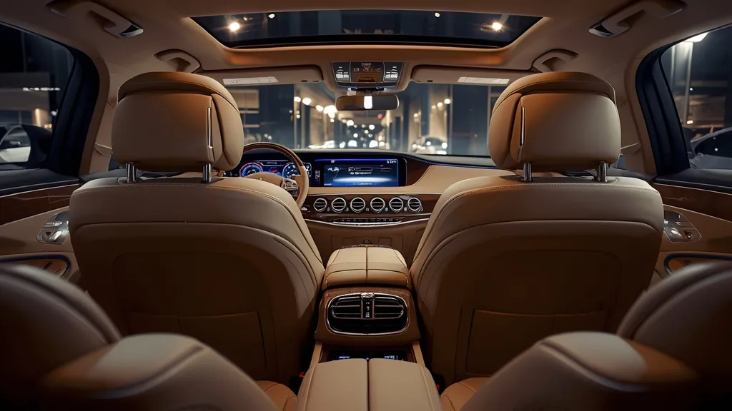 Luxurious interior of a W222 Mercedes S600 V12, highlighting premium leather, wood, and advanced technology.
