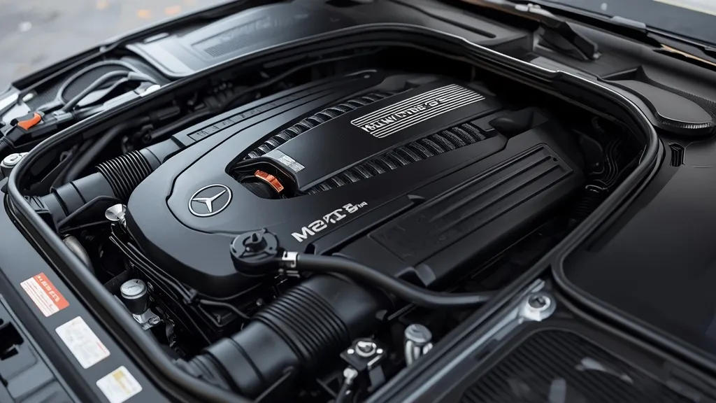 Detailed view of a twin-turbo V12 Mercedes engine (M275 or M279) in an S600 V12 engine bay.