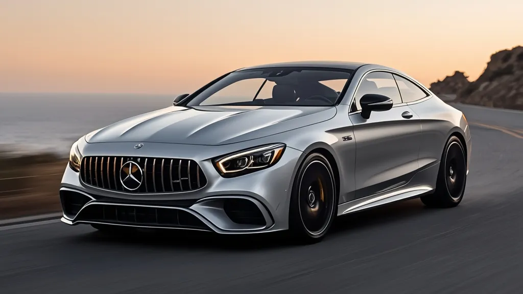 Dynamic front-side view of a silver Mercedes-AMG S63 Coupe, showcasing its sleek lines and Panamericana grille.