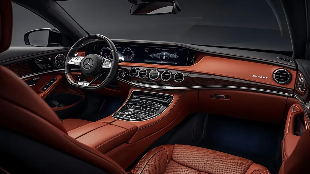 Luxurious interior of a Mercedes-AMG S63 Coupe, highlighting premium leather, dual screens, and advanced cockpit.