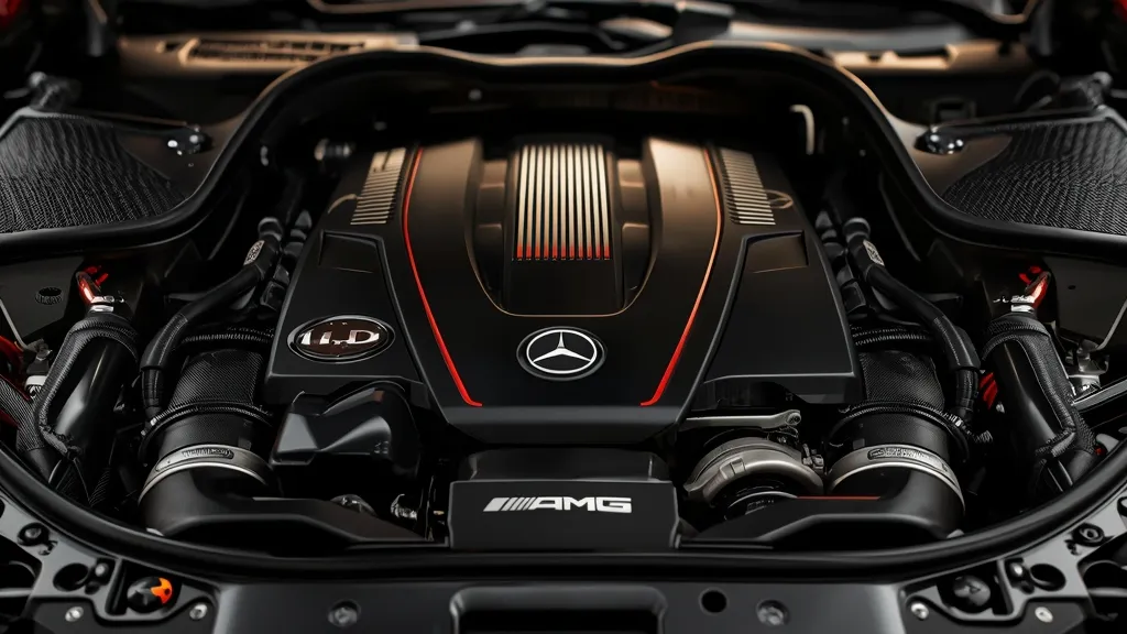 Close-up of the powerful AMG 4.0-liter Biturbo V8 engine in a Mercedes S63 Coupe, showcasing its engineering.