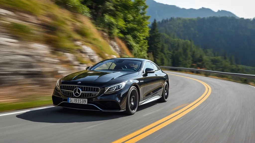 Mercedes S63 Coupe gracefully navigating a scenic mountain road, demonstrating its high-performance grand touring capabilities.