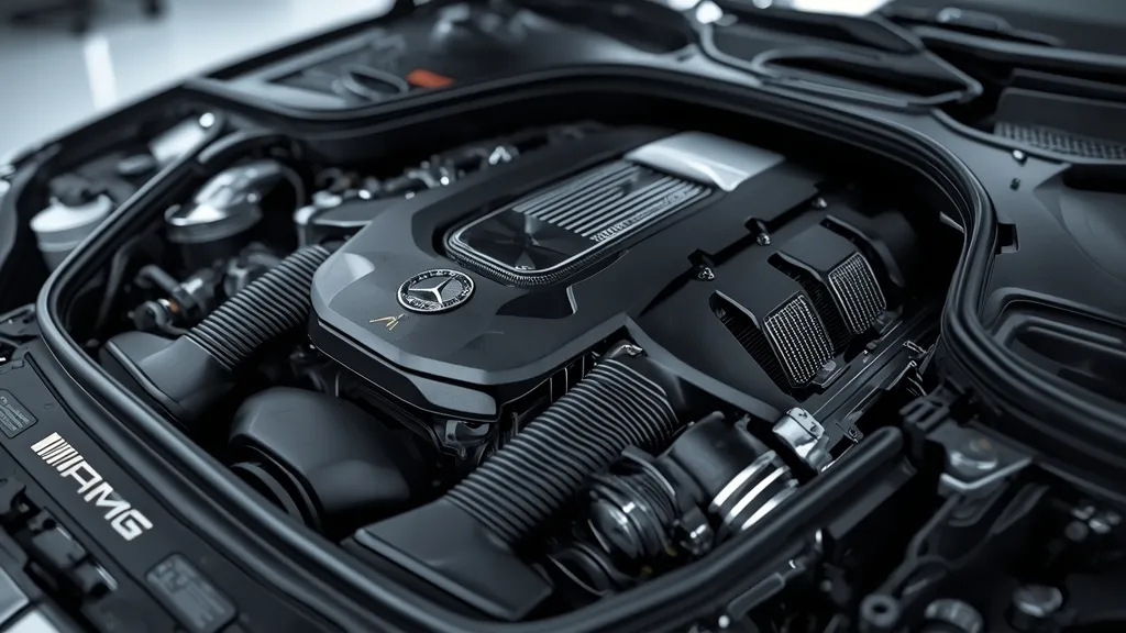 Close-up of Mercedes S65 V12 M279 engine, highlighting AMG hand-built craftsmanship.