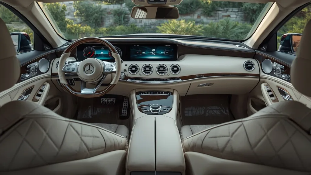 Luxurious interior of a Mercedes S65 V12 with diamond-quilted Nappa leather and advanced tech.