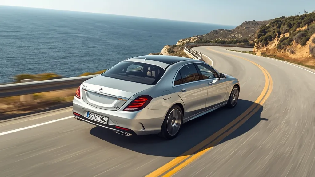 Dynamic shot of a silver Mercedes S65 V12 accelerating on a winding coastal road.
