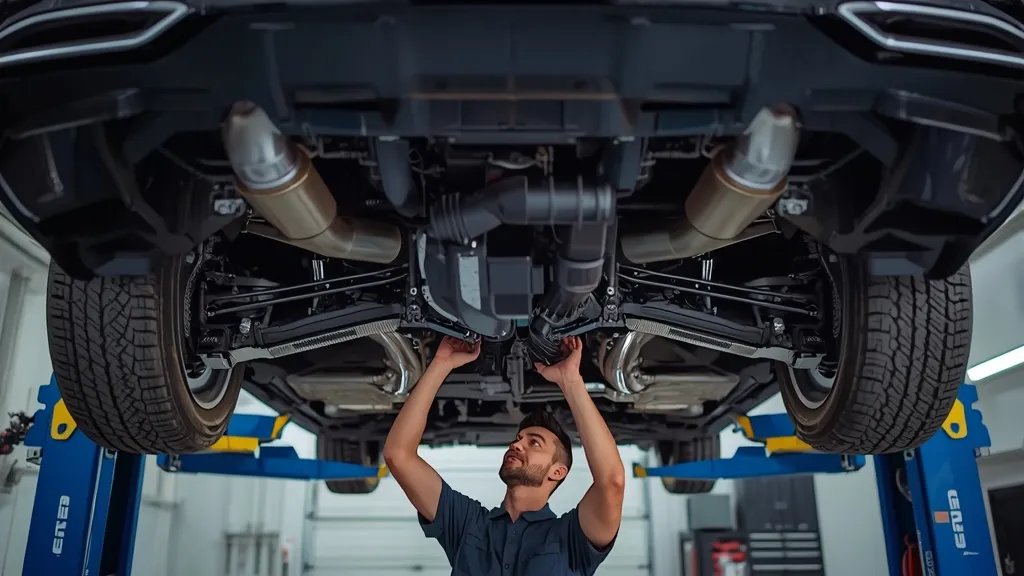 Mechanic inspecting the complex Active Body Control system of a Mercedes S65 V12 on a lift.