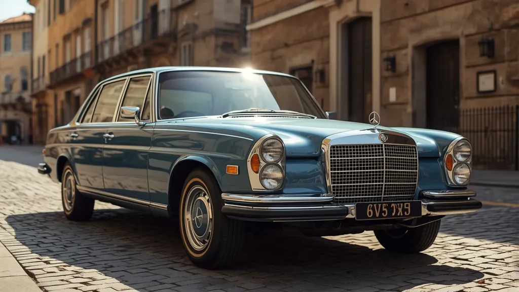 Historic Mercedes-Benz W116 S-Class, first official Sonderklasse, pioneering automotive safety.