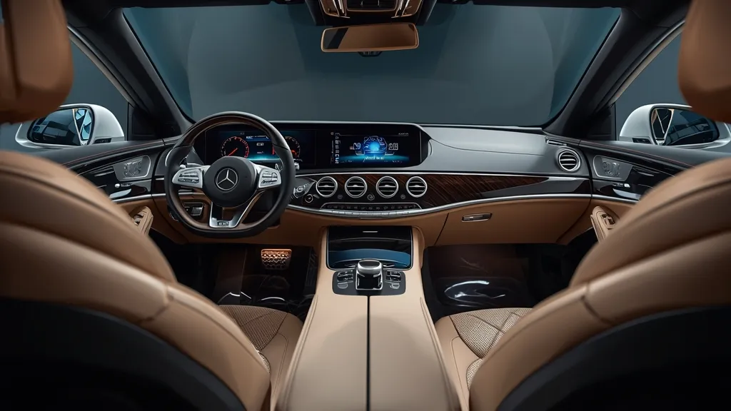 W223 S-Class interior showcasing the MBUX Hyperscreen, luxurious materials, and advanced comfort technology.