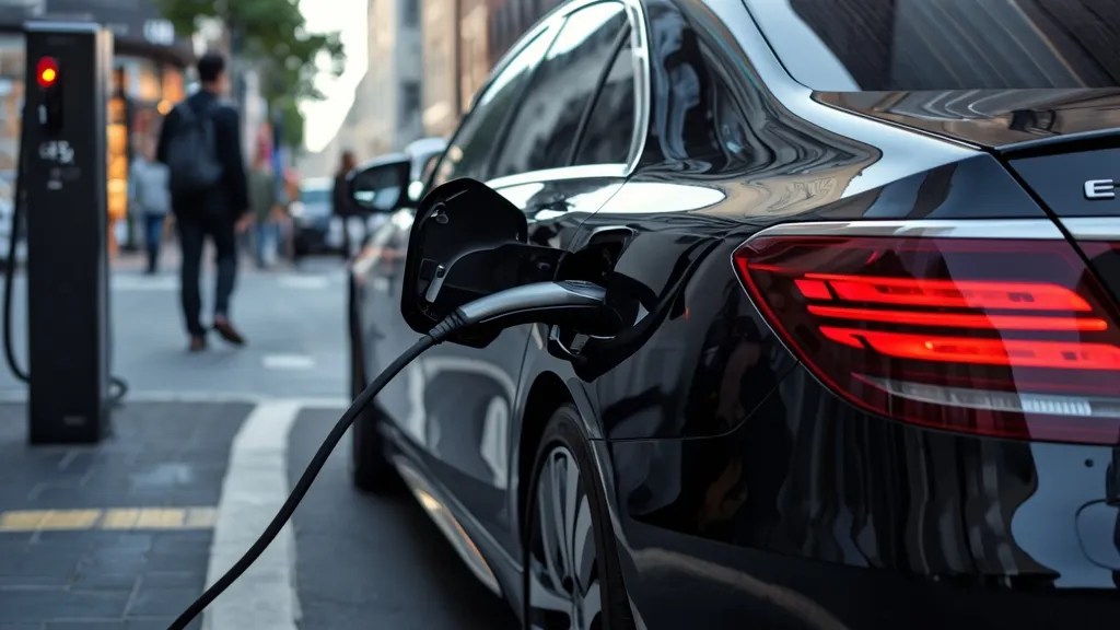 Modern Mercedes-Benz S-Class plug-in hybrid charging at a sleek electric vehicle station in an urban setting.