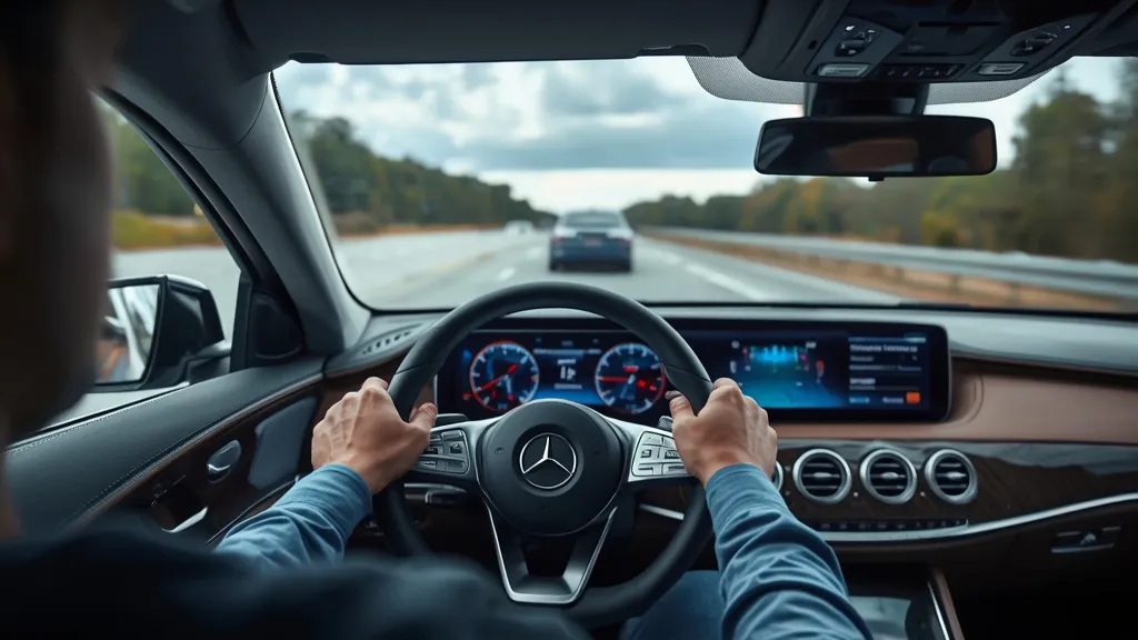 Driver relaxed in a Mercedes-Benz S-Class demonstrating Level 3 autonomous driving on a multi-lane highway.