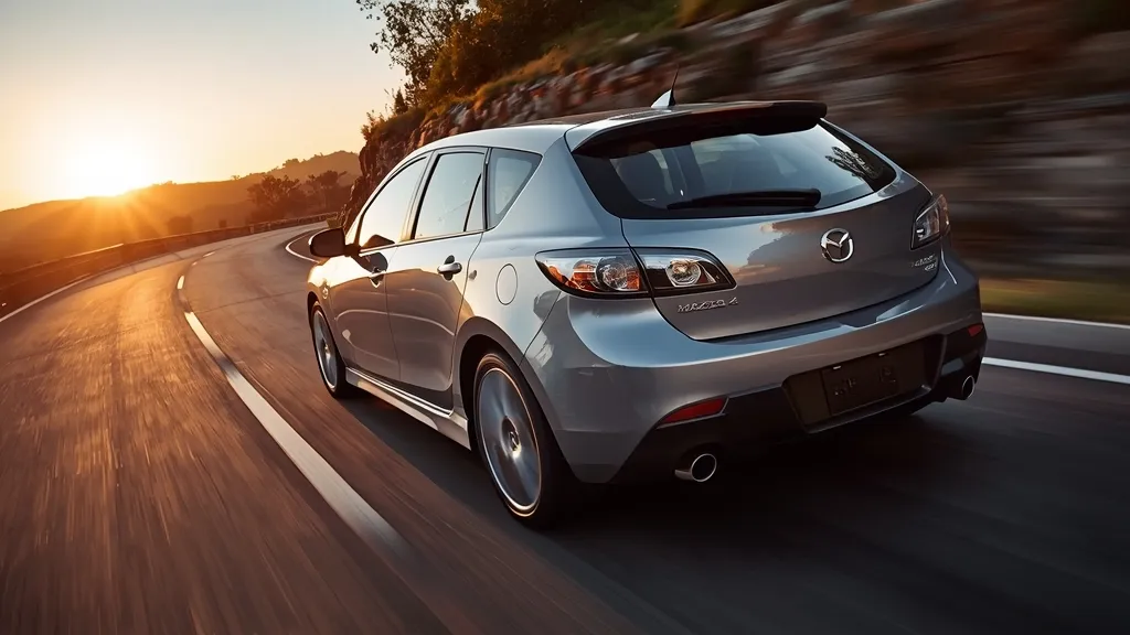 A pristine 2009 Mazda 3 hatchback in motion, showcasing its sporty design and engaging spirit.
