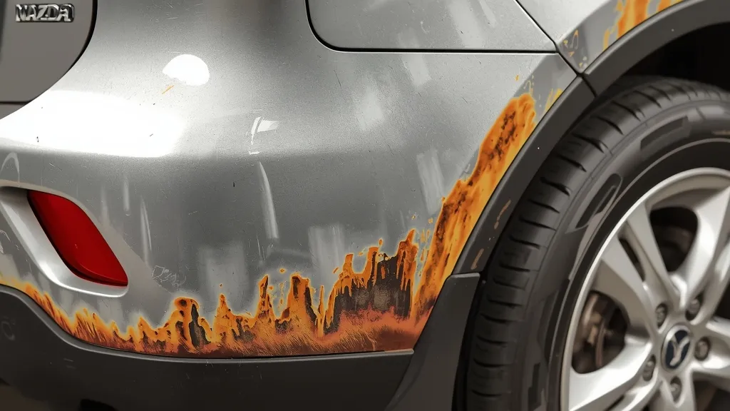 Close-up of severe rust on a 2009 Mazda 3 rear wheel arch, illustrating a common problem area.