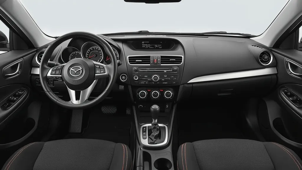 Driver perspective of a 2009 Mazda 3 interior, showing the dashboard and manual transmission shifter.