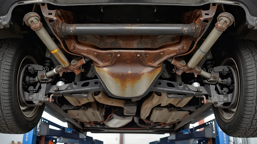 Underside view of a 2009 Mazda 3, showing front subframe rust and suspension components.