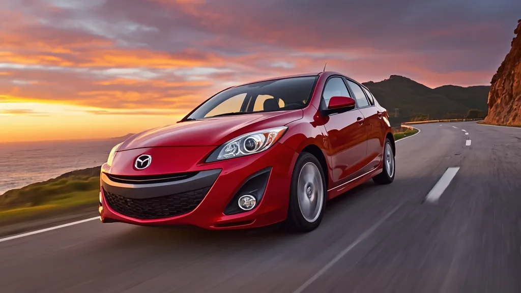 Dynamic shot of a red 2010 Mazda 3 hatchback driving on a scenic road, showcasing its sporty design.