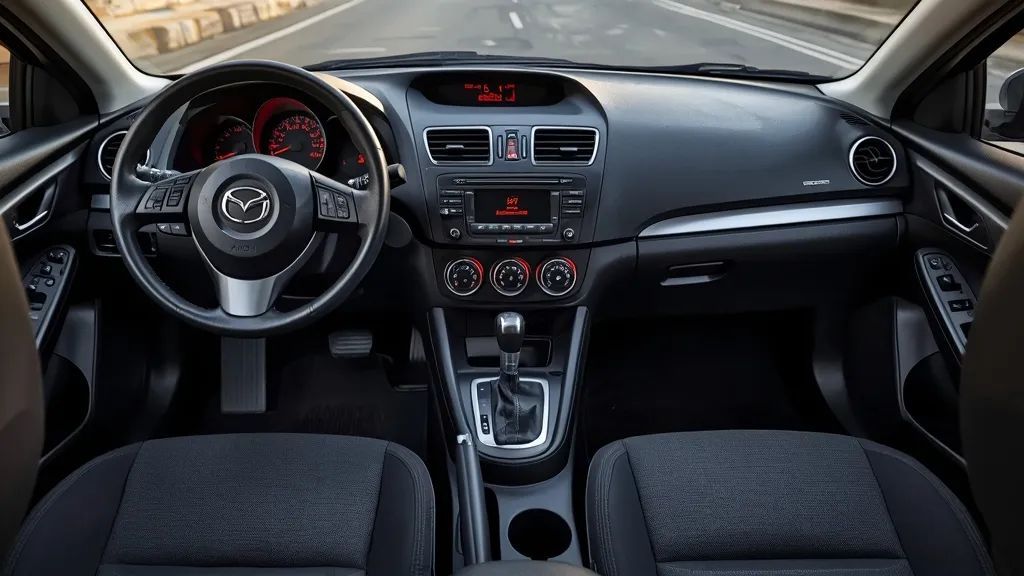 Driver perspective inside the 2010 Mazda 3, showing ergonomic dashboard and comfortable seats.