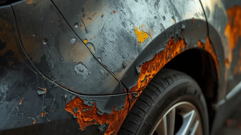 Close-up of severe rust damage on the rear wheel arch of a grey 2010 Mazda 3, highlighting a common problem.