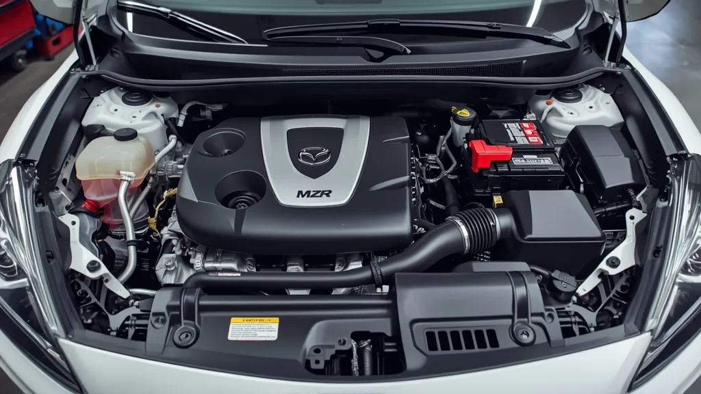 Open hood revealing the clean 2.5L MZR engine in a 2010 Mazda 3, emphasizing MZR engine durability.