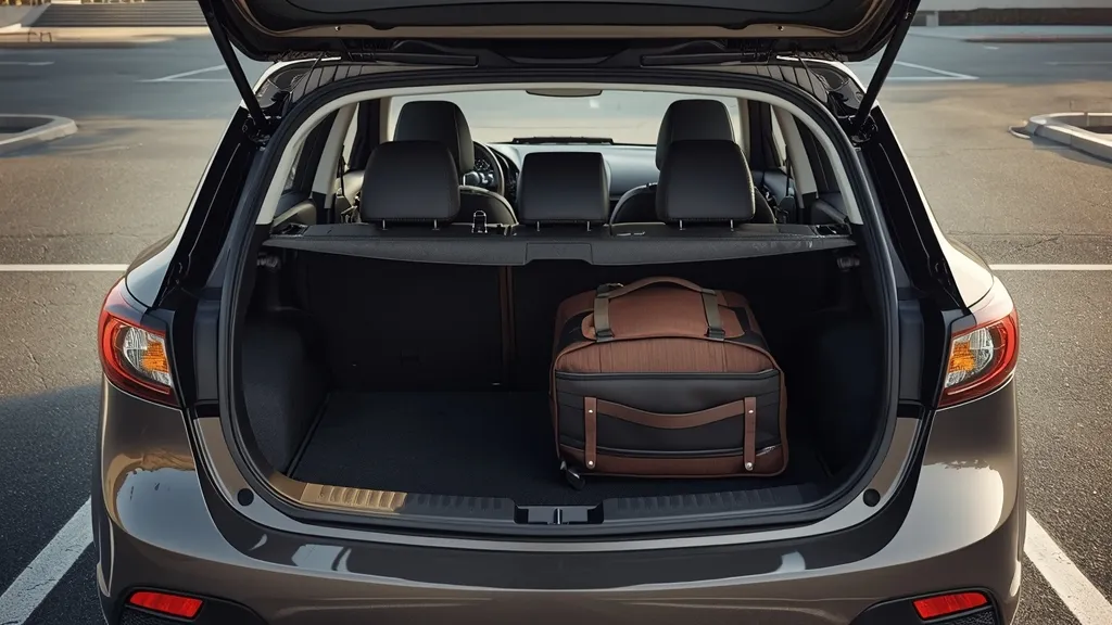 Rear view of a 2010 Mazda 3 hatchback with seats folded down, showcasing spacious cargo area for practicality.