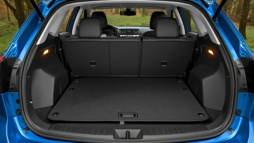 2012 Mazda 3 hatchback cargo area with rear seats folded down, demonstrating ample storage.