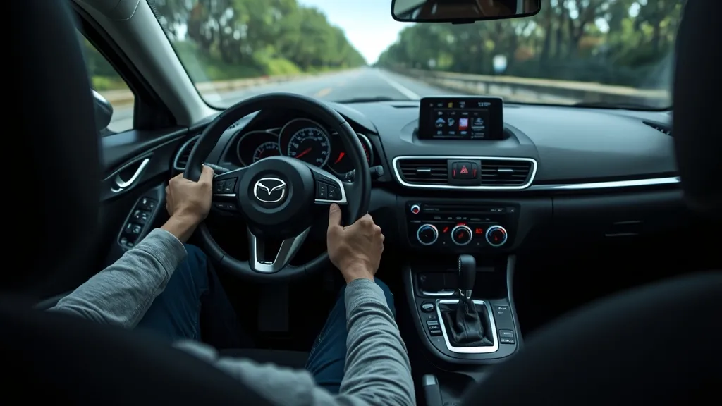 Driver-focused cockpit of a 2012 Mazda 3, highlighting ergonomic controls and dashboard layout.