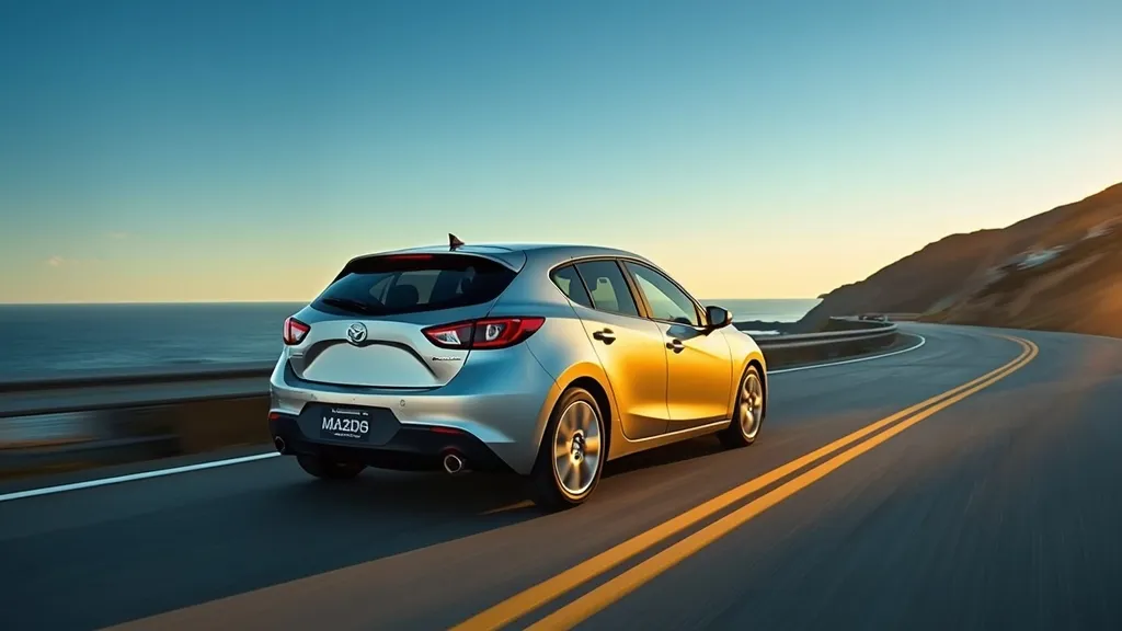 Dynamic shot of a silver 2013 Mazda 3 hatchback driving on a winding road, showcasing its sporty design.