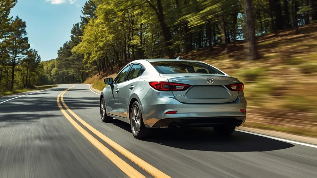 2014 Mazda 3 sedan cornering dynamically, highlighting engaging handling and sporty feel.