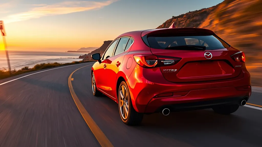 Dynamic 2015 Mazda 3 hatchback driving on a scenic road, showcasing Kodo design and vibrant red paint.