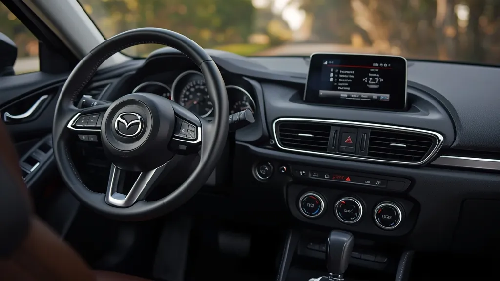 Upscale interior of a 2015 Mazda 3, highlighting the Mazda Connect infotainment and premium cabin materials.