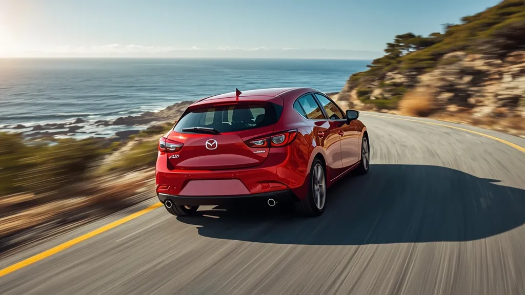 Dynamic red 2016 Mazda 3 hatchback cornering on a scenic road, showcasing Kodo design.