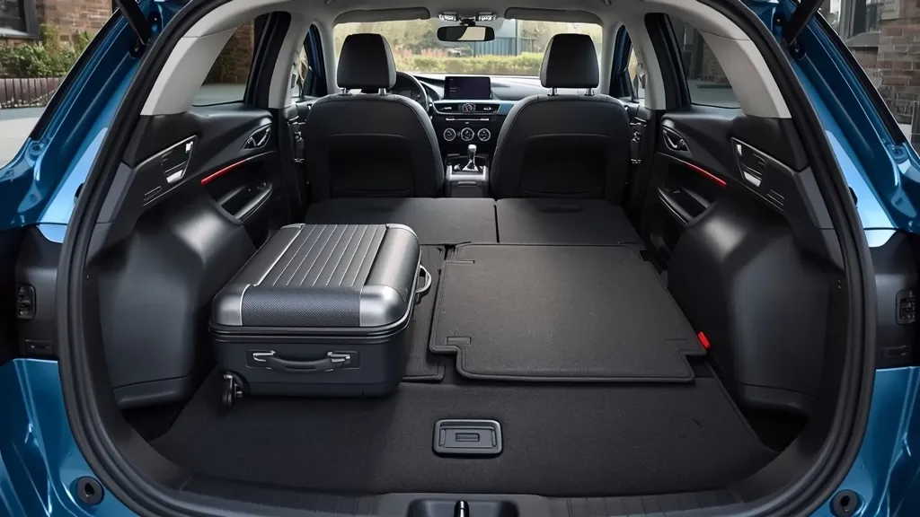 Spacious cargo area of a 2016 Mazda 3 hatchback with rear seats folded flat, demonstrating versatility.