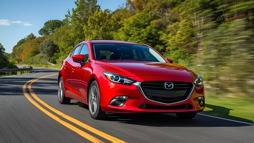Dynamic shot of a red 2017 Mazda 3 hatchback driving on a winding road, showcasing its sporty design.