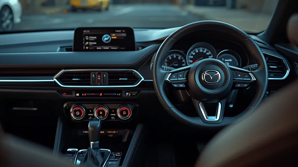 Detailed interior view of the 2017 Mazda 3 dashboard, highlighting the Mazda Connect screen and rotary controller.