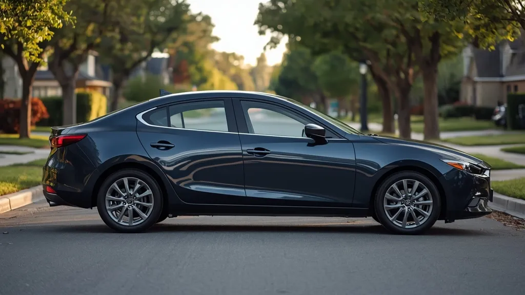 Side profile of a 2017 Mazda 3 sedan parked, showing its elegant KODO design and alloy wheels.