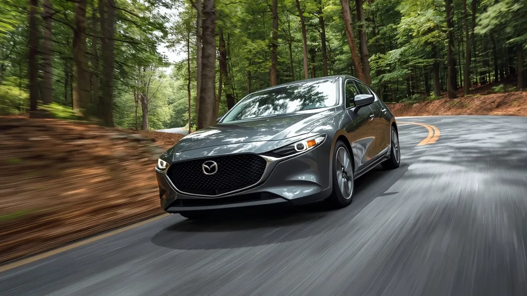 2018 Mazda 3 sedan cornering on a scenic road, demonstrating its agile compact car driving dynamics.